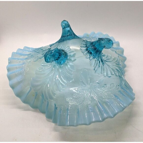 Antique Dugan Glass Bowl Blue Opalescent Palm and Scroll...
